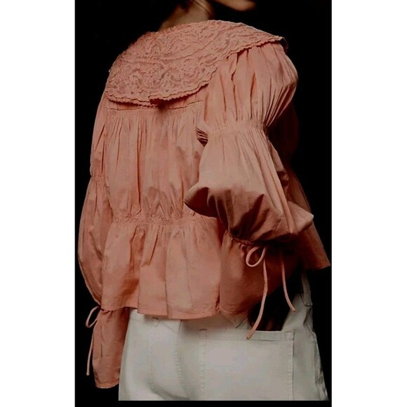 Anthropologie BabyDoll Collared Blouse Size XS Cotton Long Sleeve V Neck - Picture 2 of 10